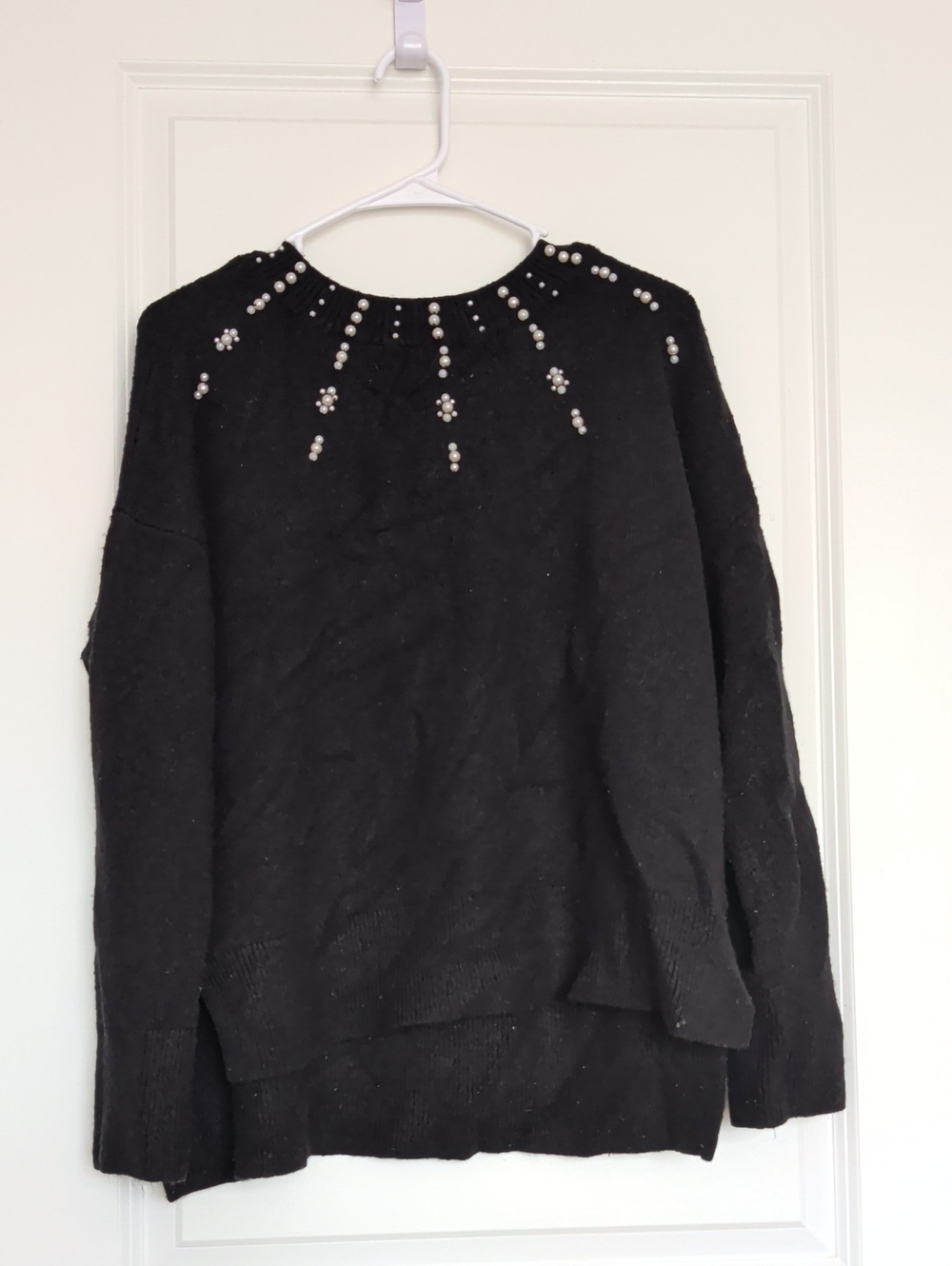 LOFT Black Crewneck Sweater with Pearl Neckline